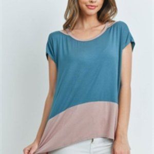 L-Love Stretch Knit ON/OFF Shoulder Color Block Teal/Tan Tunic Medium Top